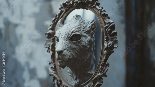 Intricate animal mask ornate vintage mirror surreal gothic aesthetic haunting detailed eerie reflection fantasy concept dark artistic mysterious vision mystical allure self mind zen calm art hell bad