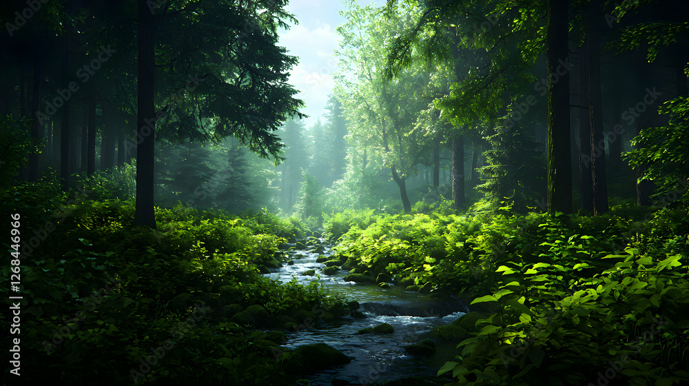 Obraz premium Sunlit Forest Stream, Lush Green Trees and Foliage