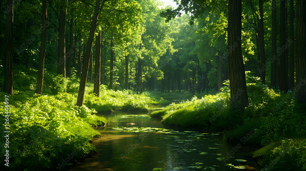Sunlit Forest Stream: Lush Green Trees and Peaceful Atmosphere Sunlit Forest Stream: Lush Green Trees and Peaceful Atmosphere
