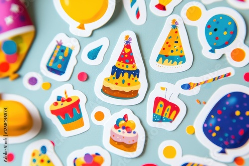 Festive stickers featuring colorful balloons, party hats, cakes, and confetti perfect for celebrations and events. Generative AI