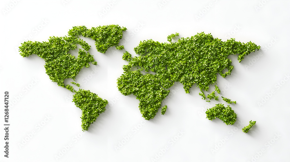 A world map formed from vibrant green foliage, symbolizing nature, sustainability, and environmental awareness. A world map formed from vibrant green foliage, symbolizing nature, sustainability, and environmental awareness.