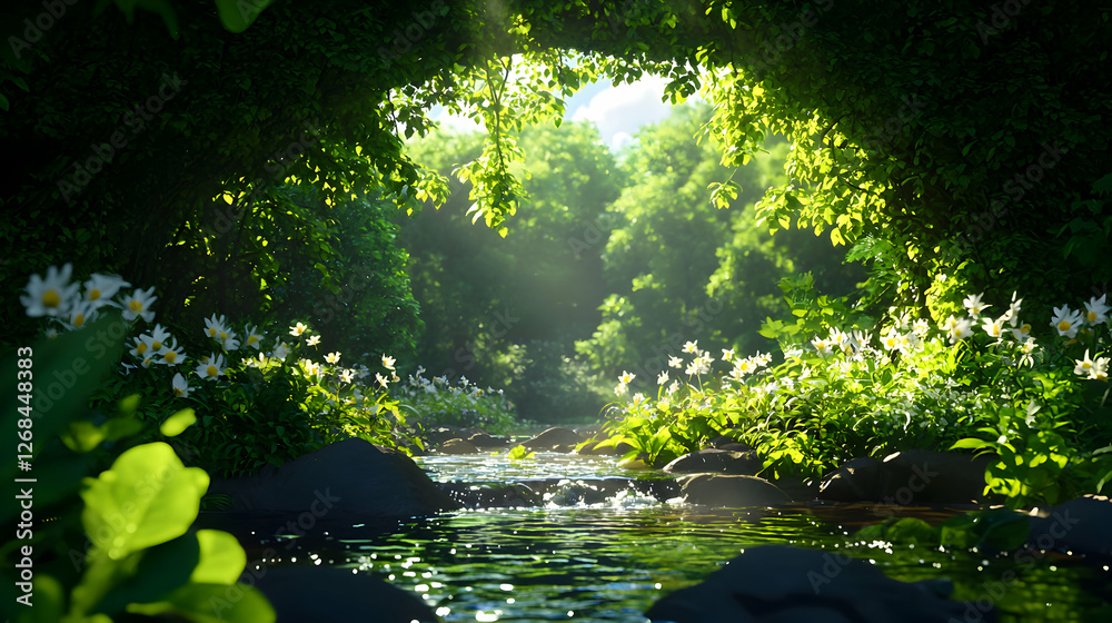 Sunlit Forest Stream with White Flowers