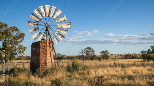 Rustic Windmill in Australian Outback with Clear Blue Sky