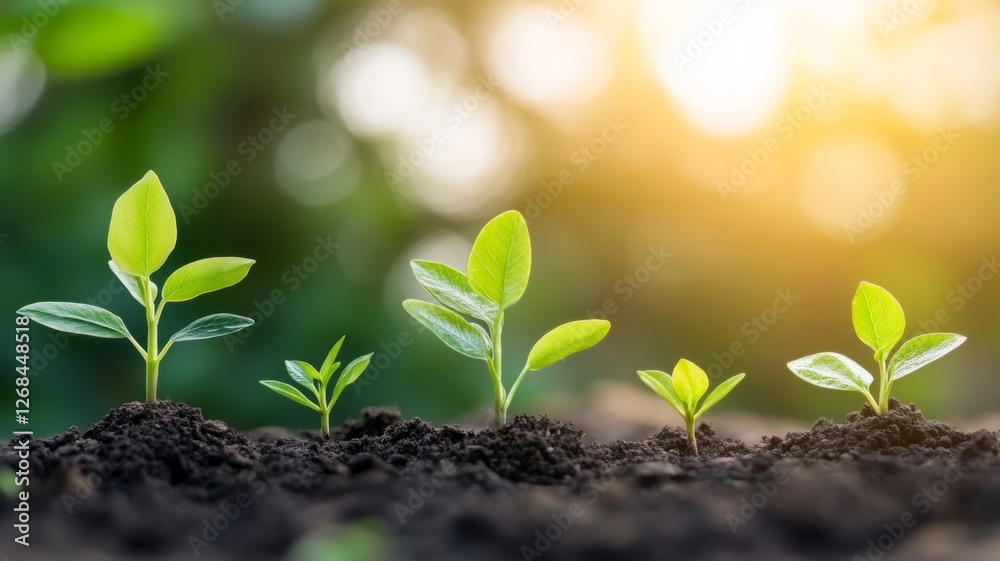 Small green plants are growing in rich soil, showcasing different stages of their development. Bright sunlight filters through blurred leaves, symbolizing potential and growth in business strategies Small green plants are growing in rich soil, showcasing different stages of their development. Bright sunlight filters through blurred leaves, symbolizing potential and growth in business strategies