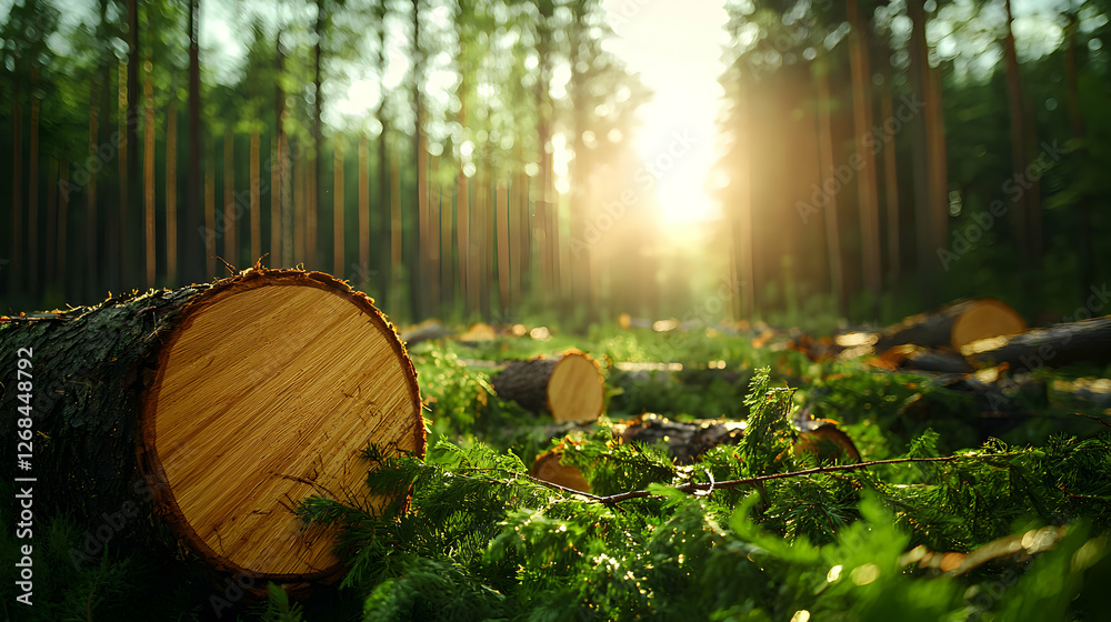 Naklejka premium Sunlit Forest with Cut Logs
