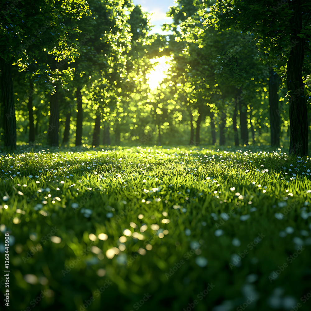 Obraz premium Sunlit Forest with Green Grass and White Flowers
