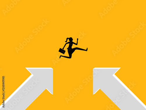 New Opportunity, New Career, Businesswoman changes direction to opposite arrow