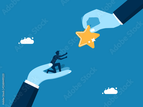 Success concept. Businessman standing on big hands and receiving a star award