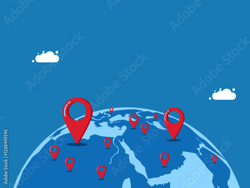 Expanding branches internationally, marking the map around the world. vector