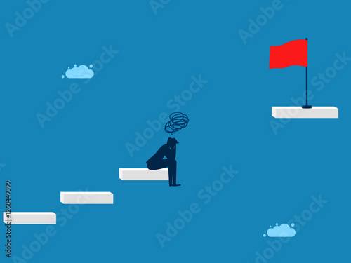 Business problems Sad businessman at the gap between the steps with victory flags