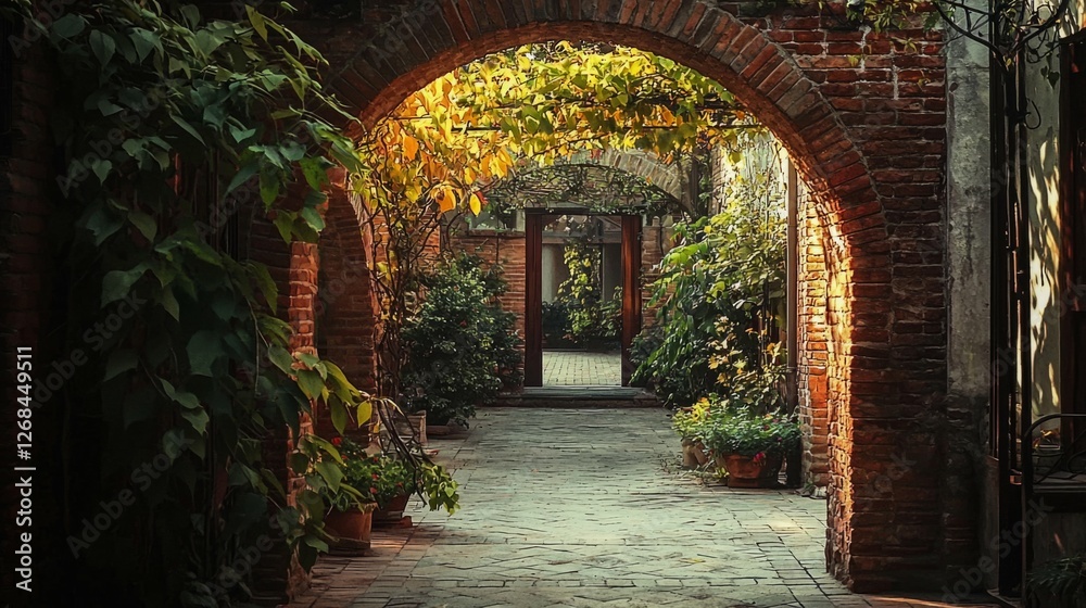 Serene Garden Pathway with Arched Brick Entrances and Lush Foliage Serene Garden Pathway with Arched Brick Entrances and Lush Foliage