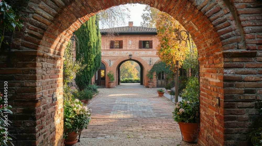 Charming Brick Archway Leading to Scenic Garden Pathway Charming Brick Archway Leading to Scenic Garden Pathway