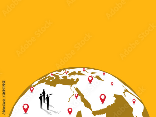 Business team standing looking at world map pins, expanding branches, traveling, searching for new business opportunities