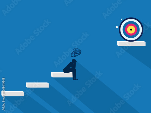 Business goal failed. Businessman sad about the gap between the stairs and the goal