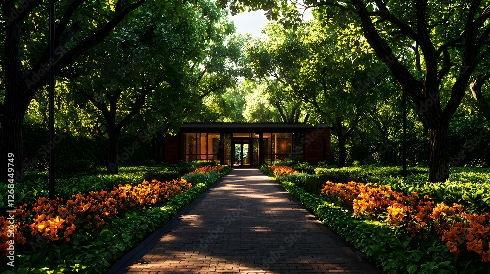 Obraz premium Sunlit Garden Path Leading to Modern Glass Building