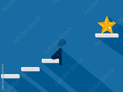 Not reaching the stars, the businessman is sad about the gap between the stairs and the star