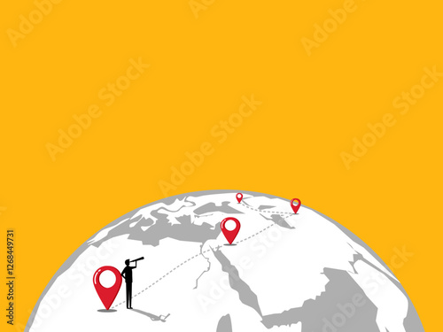 Businessman stands looking at world map pins, expanding branches, traveling, searching for new business opportunities