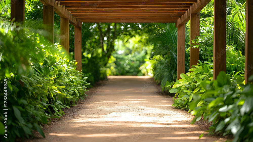 Sunlit Garden Path Under Wooden Pergola Sunlit Garden Path Under Wooden Pergola