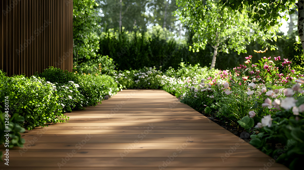 Obraz premium Sunlit Garden Path with Blooming Flowers