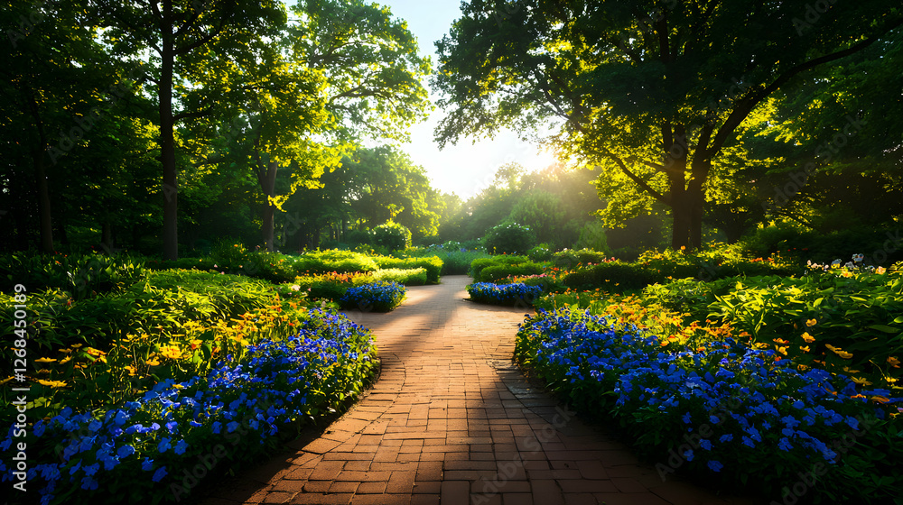Obraz premium Sunlit Garden Path with Blooming Flowers