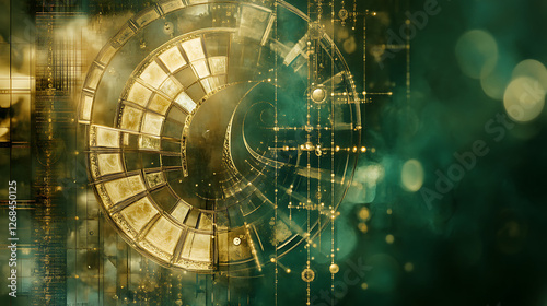 Obraz na płótnie Steampunk Time Machine Golden Clockwork Abstract Design with Emerald Green Background and Bokeh Effect w salonie