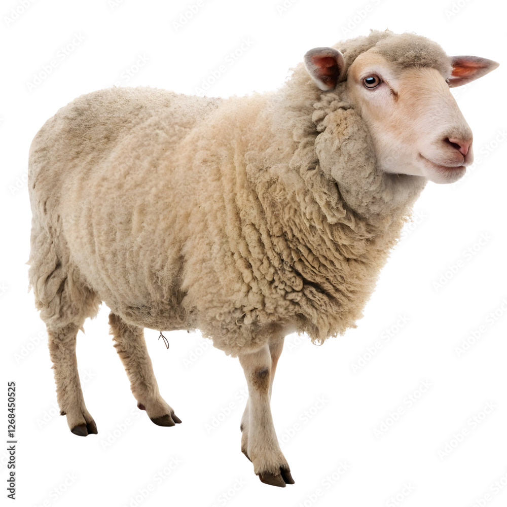 Fototapeta premium A fluffy sheep stands with a confident posture, showcasing its thick wool coat and friendly expression