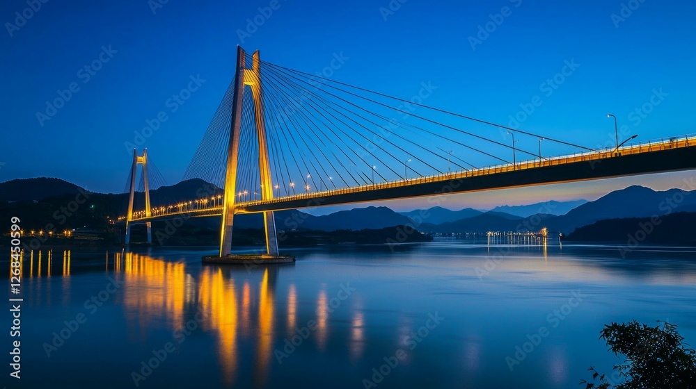 Majestic Bridge at Dusk with Reflections on Calm Water Surface Majestic Bridge at Dusk with Reflections on Calm Water Surface