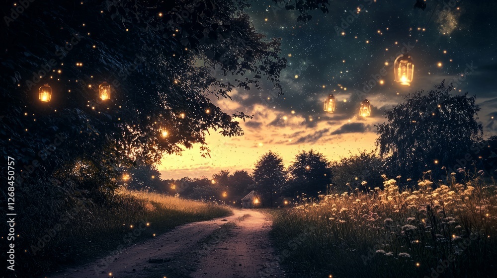 Enchanted Evening Pathway with Magical Lanterns and Twilight Sky Enchanted Evening Pathway with Magical Lanterns and Twilight Sky