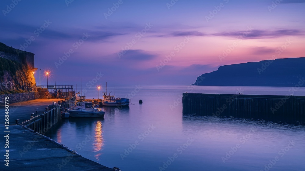 Serene Twilight Over Calm Harbor with Boats and Gentle Waves Serene Twilight Over Calm Harbor with Boats and Gentle Waves