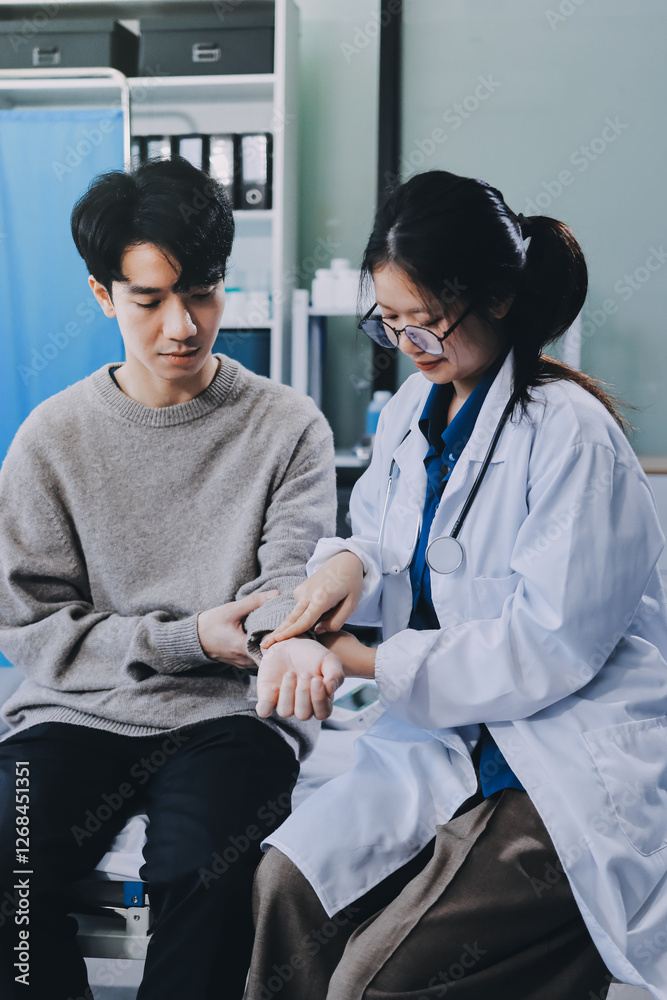 Obraz premium Female physician reads medical history while visiting her patient