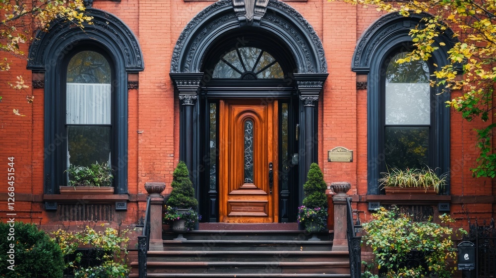 Elegant Victorian Entrance with Detailed Woodwork and Greenery Elegant Victorian Entrance with Detailed Woodwork and Greenery