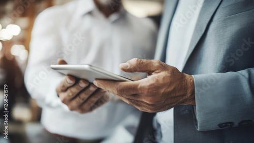 A salesperson is engaged with a customer using a digital tablet to provide information and assistance in a modern retail environment. The interaction showcases a focus on customer service