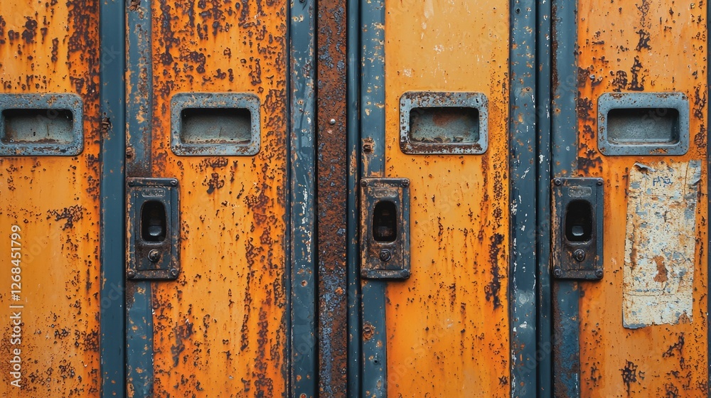 Orange Rusty Lockers with Blue Hardware in Abandoned Setting Orange Rusty Lockers with Blue Hardware in Abandoned Setting