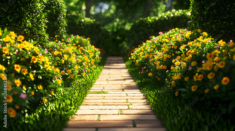 Obraz premium Sunlit Garden Path with Yellow and Pink Flowers