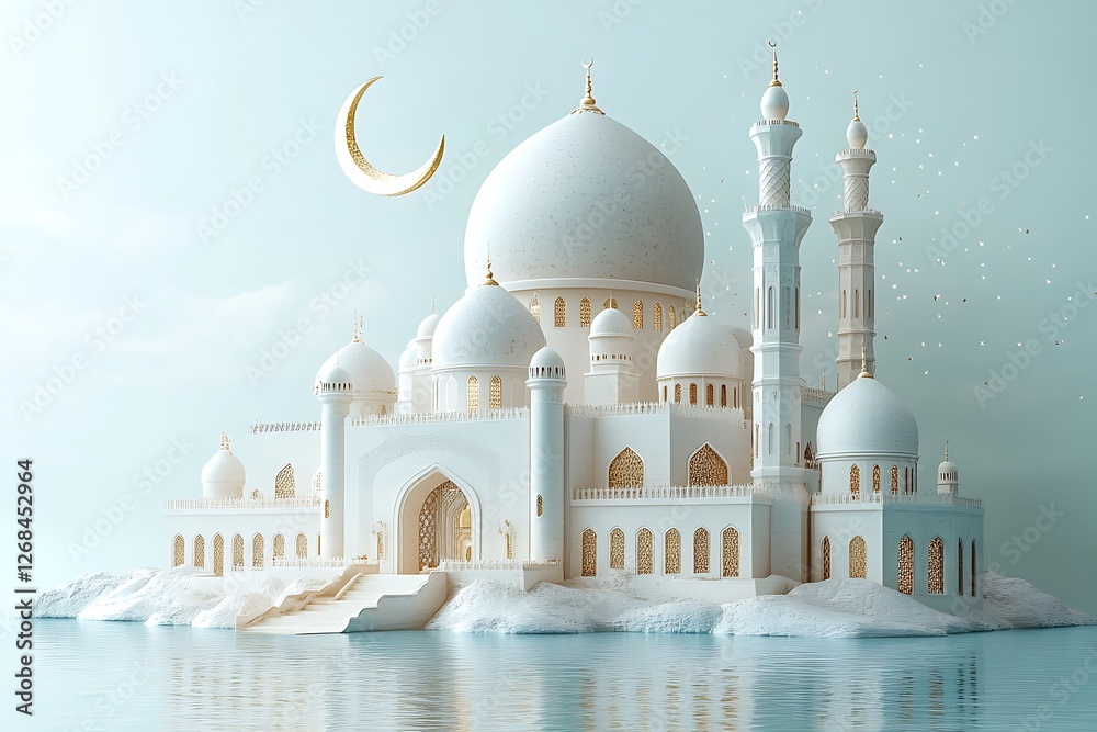 Fototapeta premium Islamic decoration background for Ramadan with lantern and mosque 3D rendering. 3D Illustration