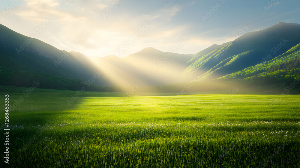 Naklejka premium Sunlit Green Field with Mountain Background