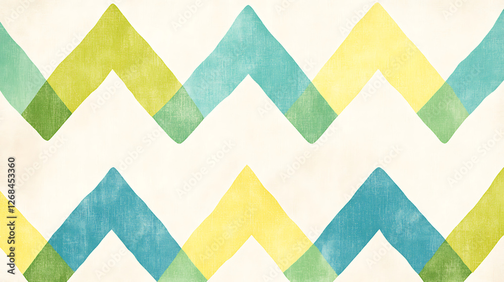 Fototapeta premium Textured Zigzag Pattern in Light Blue Yellow and Green Colors on an Off White Background