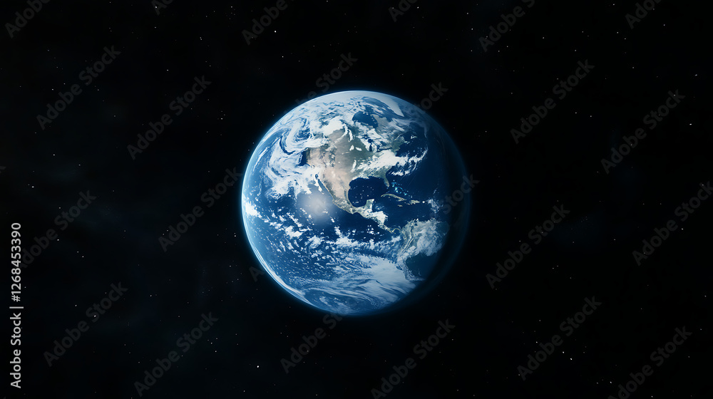 Naklejka premium The Blue Planet Earth from Space Showing North America and Extensive Cloud Cover Above the Oceans