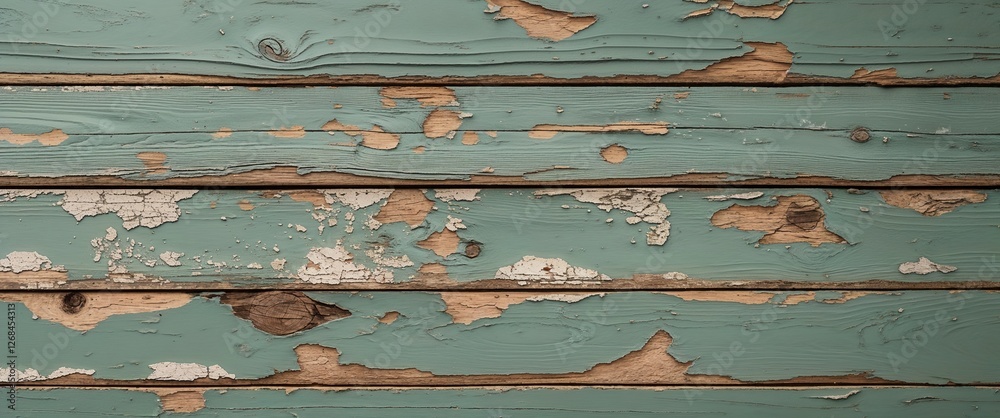 Fototapeta premium close-up view of a weathered wooden surface, featuring horizontal planks with a distressed, peeling paint finish. The predominant color is a faded green, interspersed with patches of exposed wood and