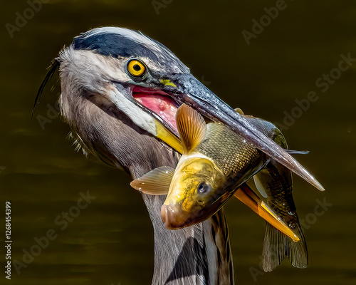 Obraz na płótnie A Great Blue heron with a large Bullnose Sucker fish in it's beak. w salonie