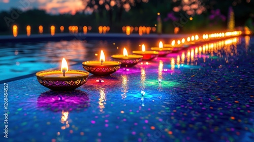 Vibrant Diwali Celebration with Glowing Diyas  Colorful Rangoli  and Festive Decorations