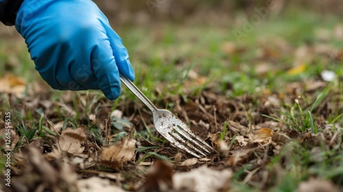 Eco-conscious person cleaning plastic fork with blue rubber gloves on grassy field photo