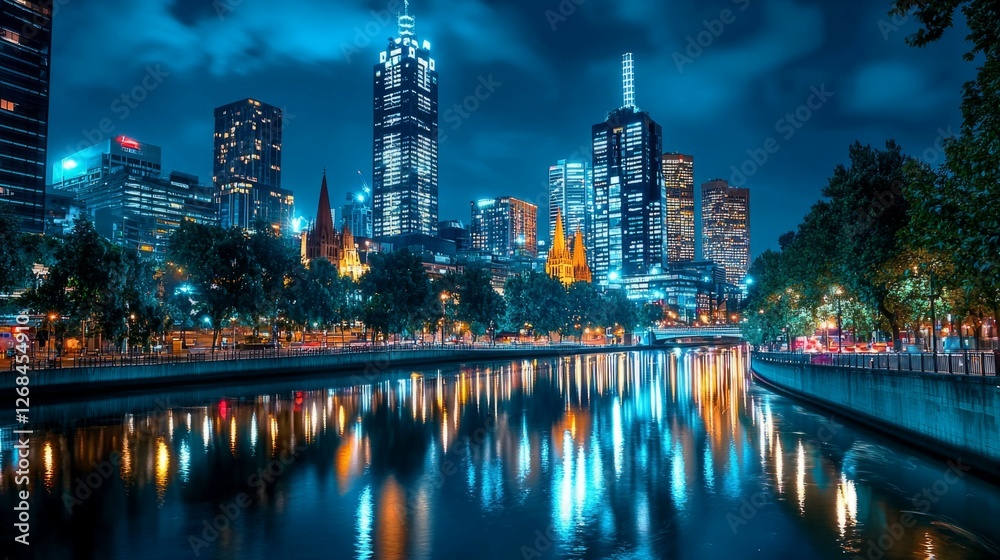 Naklejka premium Vibrant Night Cityscape Reflection on River in Melbourne, Australia