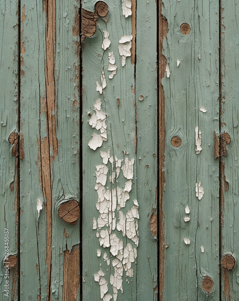 close-up view of a weathered wooden surface, featuring horizontal planks with a distressed, peeling paint finish. The predominant color is a faded green, interspersed with patches of exposed wood and close-up view of a weathered wooden surface, featuring horizontal planks with a distressed, peeling paint finish. The predominant color is a faded green, interspersed with patches of exposed wood and