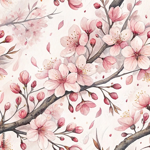 Seamless pattern, pattern, watercolor, watercolor sakura, watercolor sakura flowers on branches, delicate pink petals, spring inspiration, botanical style
