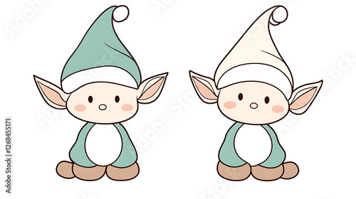 Two Charming Christmas Elves in Cute Cartoon Style for Holiday Season Decorations and Festive Designs