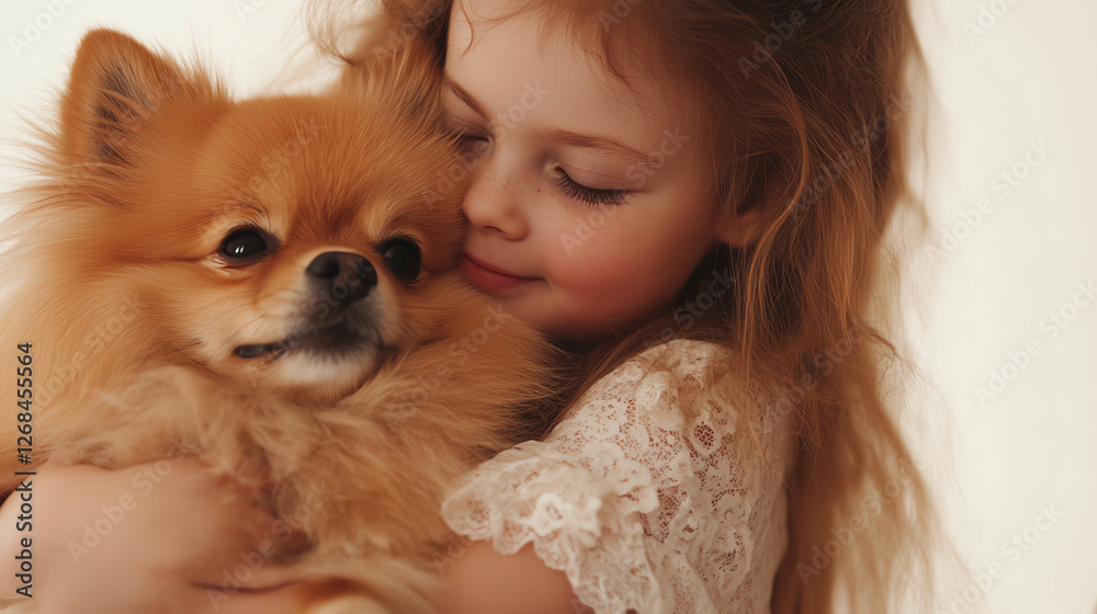 A young girl joyfully embraces her fluffy Pomeranian dog, radiating warmth and friendship in a heartwarming moment. A young girl joyfully embraces her fluffy Pomeranian dog, radiating warmth and friendship in a heartwarming moment.