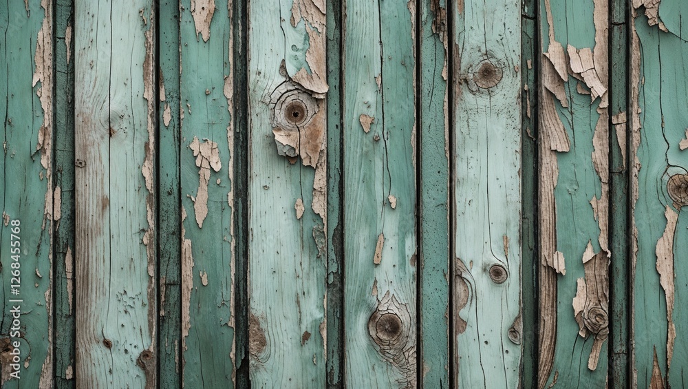 close-up view of a weathered wooden surface, featuring horizontal planks with a distressed, peeling paint finish. The predominant color is a faded green, interspersed with patches of exposed wood and close-up view of a weathered wooden surface, featuring horizontal planks with a distressed, peeling paint finish. The predominant color is a faded green, interspersed with patches of exposed wood and
