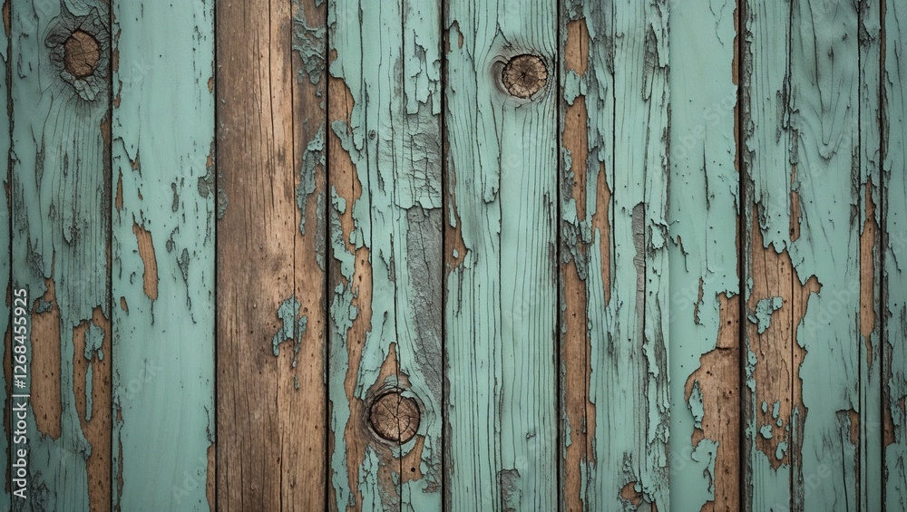 close-up view of a weathered wooden surface, featuring horizontal planks with a distressed, peeling paint finish. The predominant color is a faded green, interspersed with patches of exposed wood and close-up view of a weathered wooden surface, featuring horizontal planks with a distressed, peeling paint finish. The predominant color is a faded green, interspersed with patches of exposed wood and