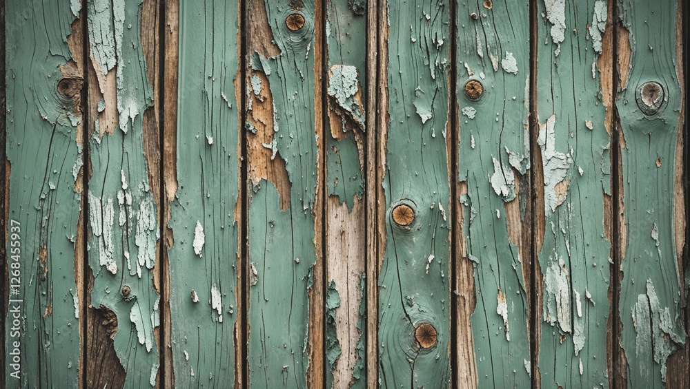 close-up view of a weathered wooden surface, featuring horizontal planks with a distressed, peeling paint finish. The predominant color is a faded green, interspersed with patches of exposed wood and close-up view of a weathered wooden surface, featuring horizontal planks with a distressed, peeling paint finish. The predominant color is a faded green, interspersed with patches of exposed wood and
